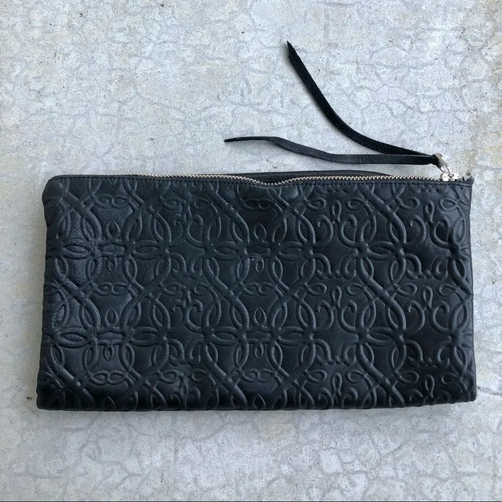 Alex and Ani Gabriel black leather foldover clutch bag embossed geometric print